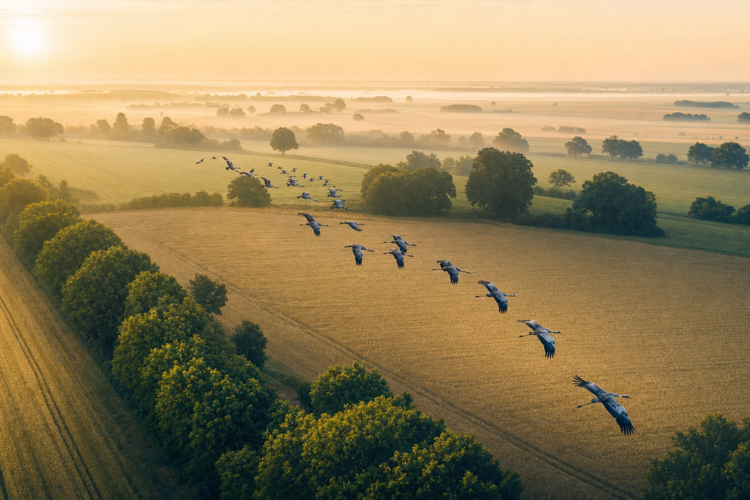 Drohnenflug über Felder und Wälder der Uckermark bei Morgendämmerung mit Kranichen