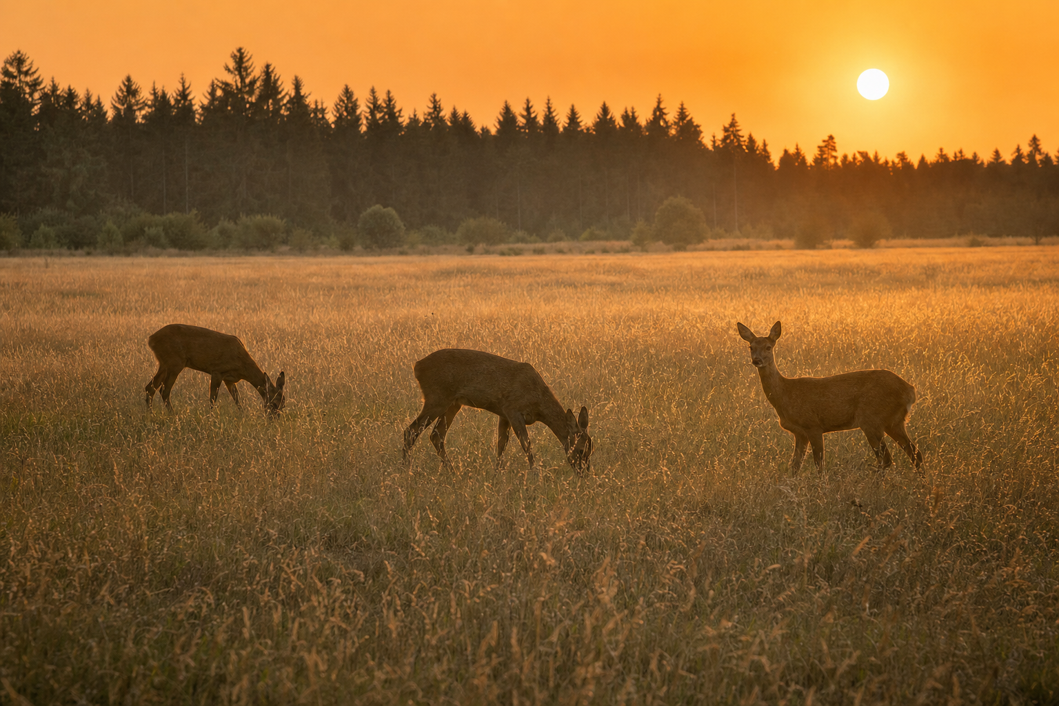 Rehe auf einer abendlichen Wiese am Waldrand in der Uckermark bei Sonnenuntergang